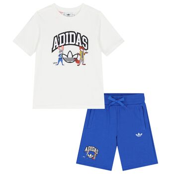 White & Blue Disney Logo Shorts Set