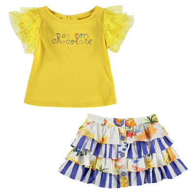 Girls Yellow & Blue Graphic Skirt Set