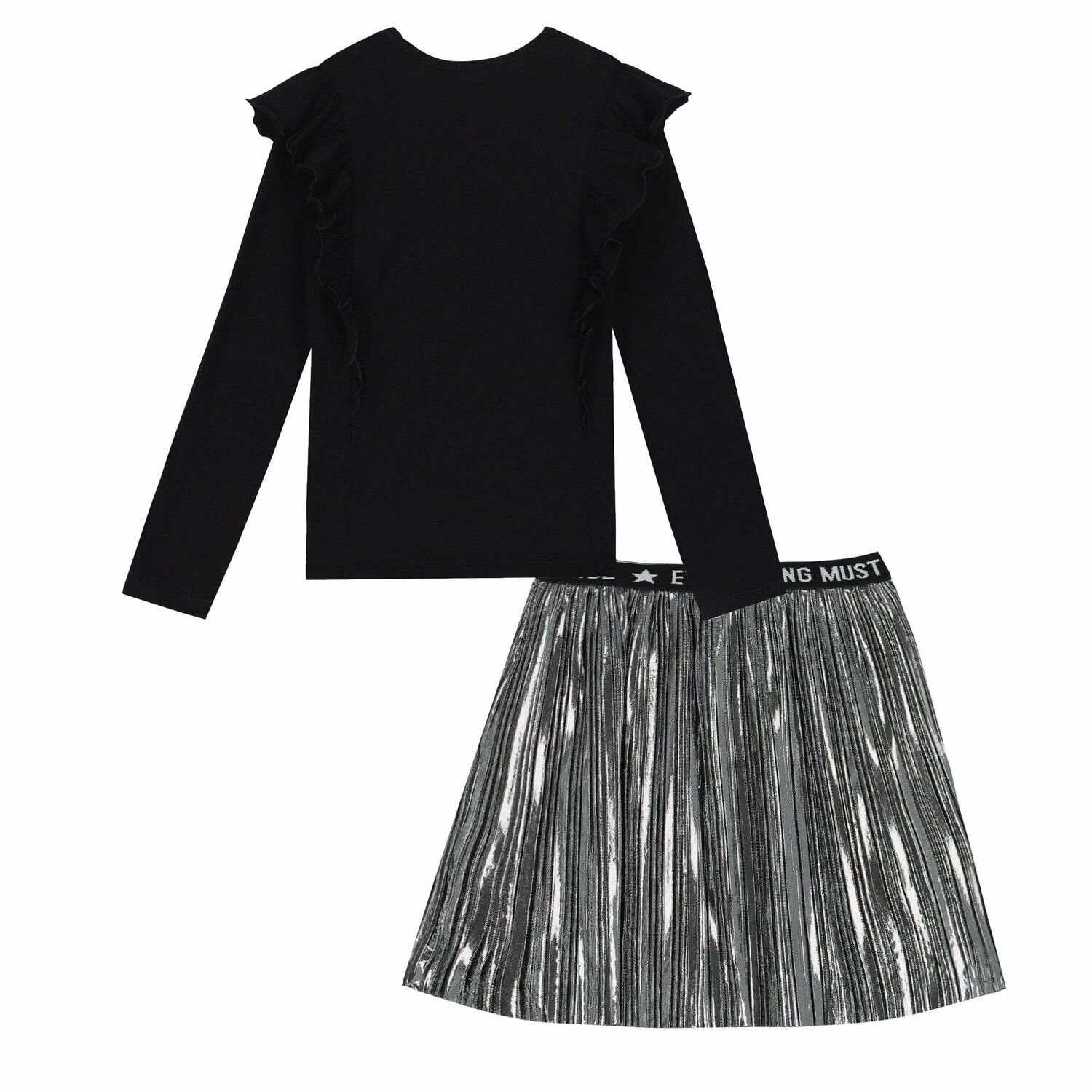 Girls Black Top & Silver Pleated Skirt Set, 1, hi-res image number null