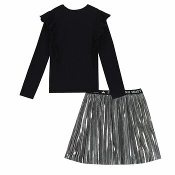 Girls Black Top & Silver Pleated Skirt Set