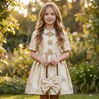 Girls Gold Flower Satin Twill Dress, 1, hi-res
