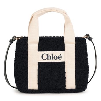 Girls Navy Blue Faux Shearling Logo Handbag