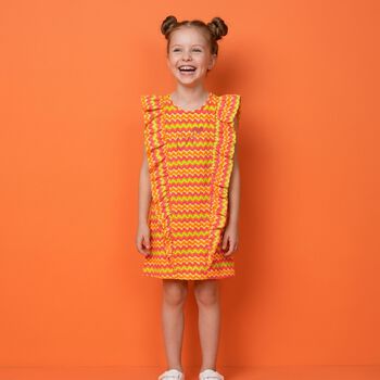Girls Pink & Orange Wavy Stripe Ruffle Dress