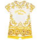 Baby Girls White & Yellow Majolica Romper, 1, hi-res