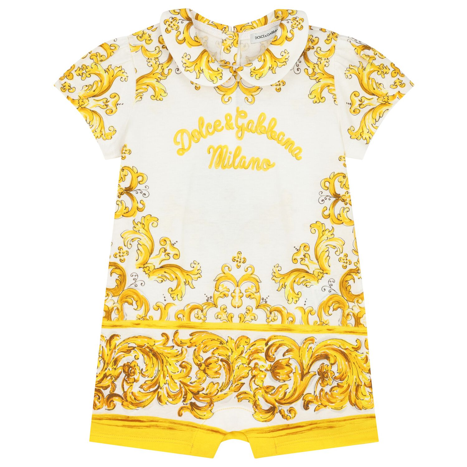 Baby Girls White & Yellow Majolica Romper, 1, hi-res