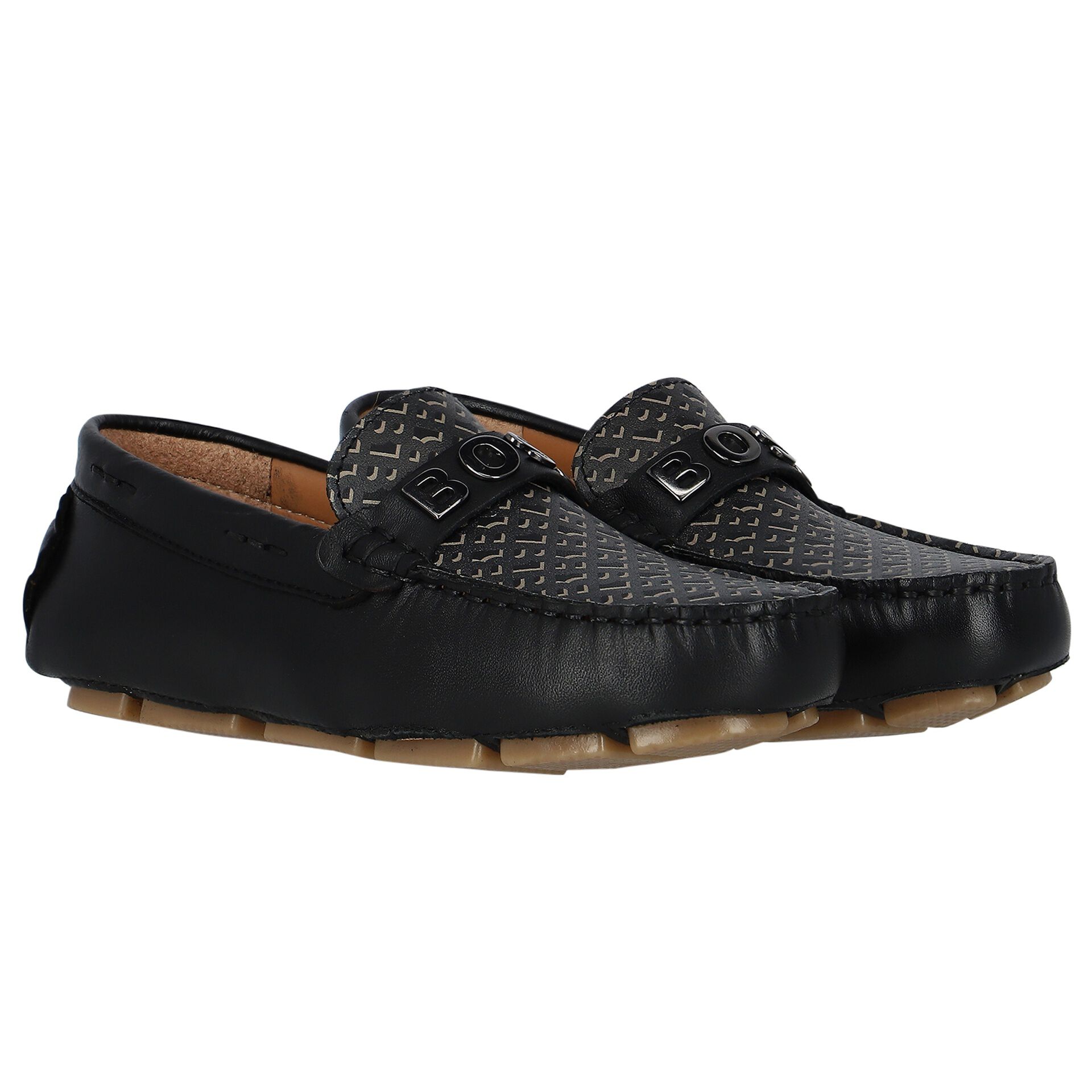 BOSS Boys Black Leather Monogram Moccasins Junior Couture