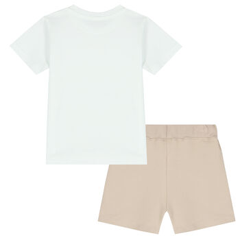 White & Beige Logo Shorts Set