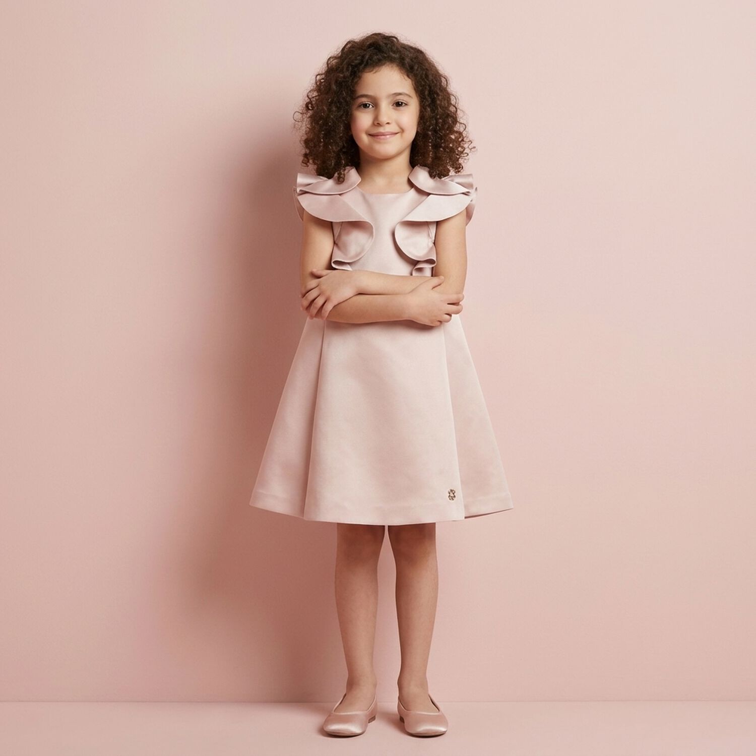 Girls Pink Satin Ruffle Dress, 4, hi-res