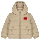 جاكيت منفوخ بالشعار باللون البيج للأولاد, 2, hi-res