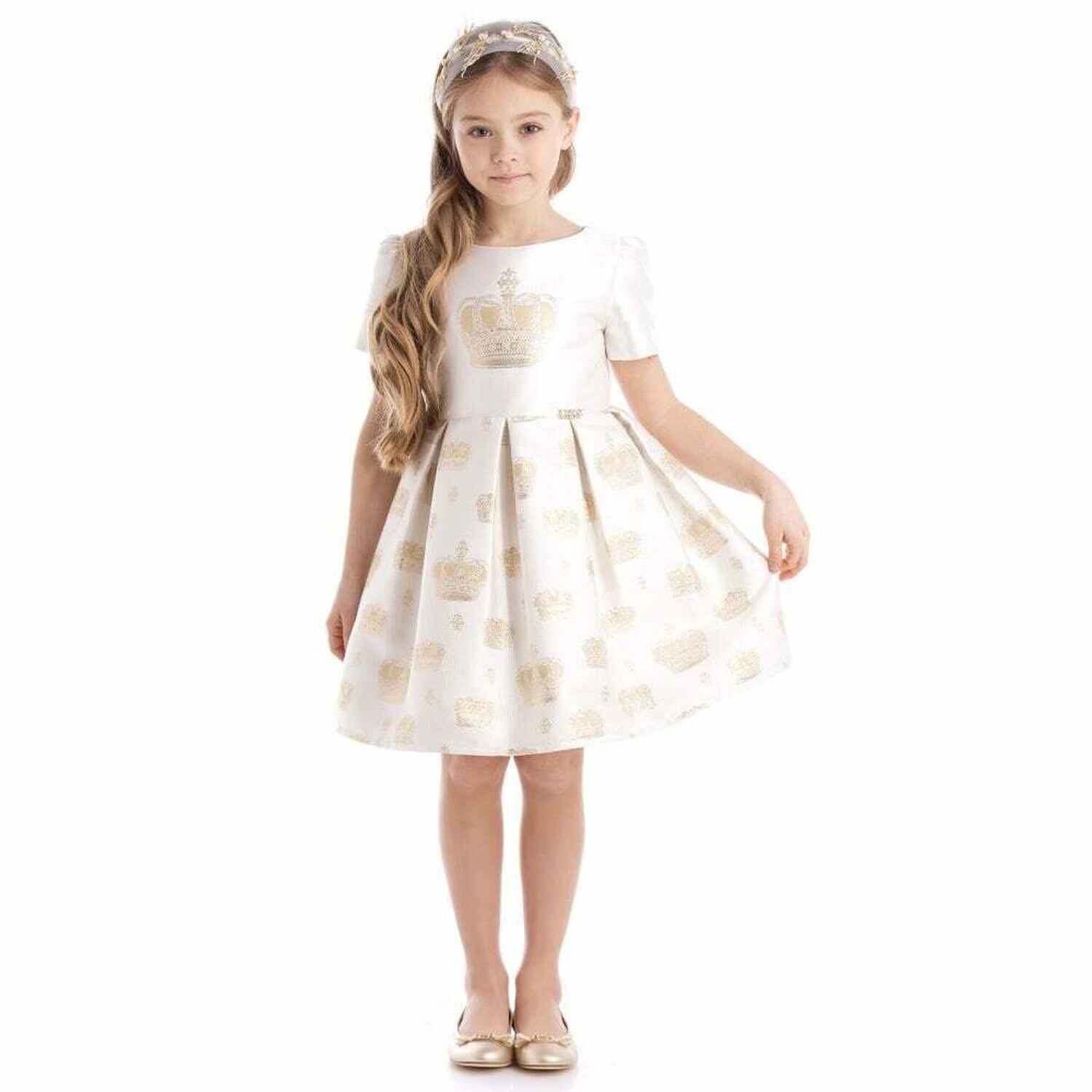 Girls White & Gold Embellished Dress, 1, hi-res