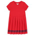 Girls Red Logo Pleated Dress, 2, hi-res