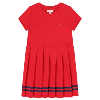 Girls Red Logo Pleated Dress