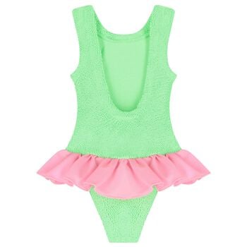 ملابس سباحة مزينة بكشكشة مجعدة باللونين الاخضر و الوردي للبنات 