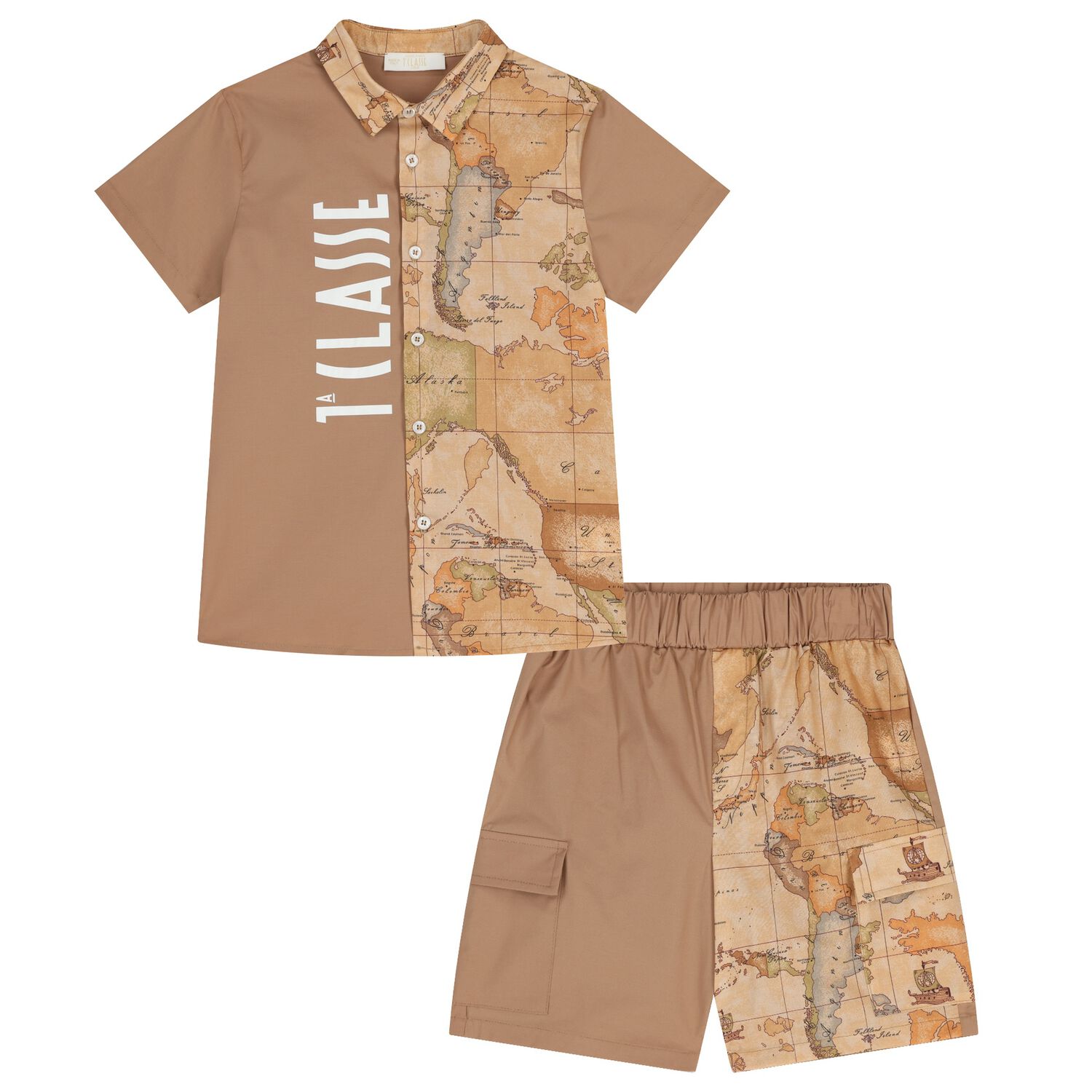 Boys Beige Geo Map Logo Shorts Set, 1, hi-res