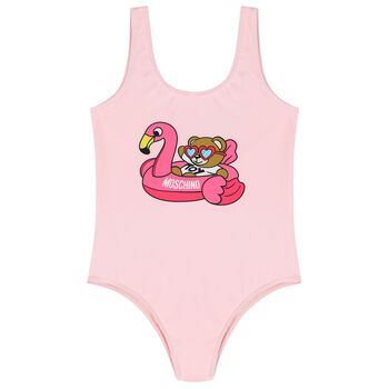 Girls Pink Teddy Bear Logo Swimsuit