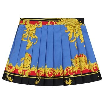Girls Blue & Gold Barocco Pleated Skirt