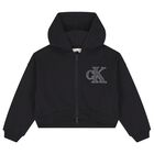 Girls Black Logo Hooded Zip Up Top, 1, hi-res