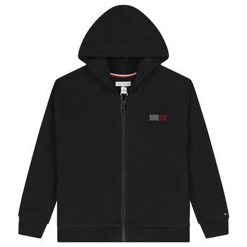 Girls Black Embellished Logo Hooded Zip Up Top
