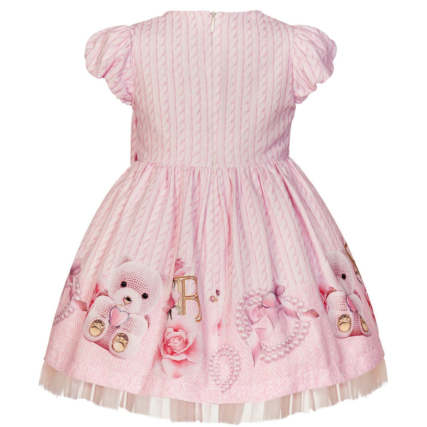 Girls Pink Teddy Bear Cotton Dress, 1, hi-res