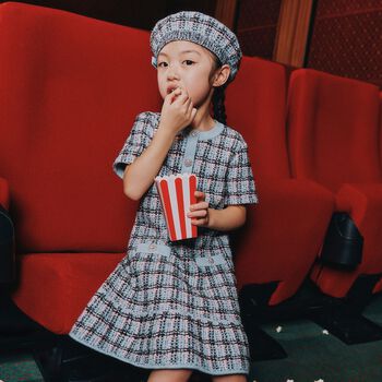 Girls Blue & Black Knitted Tweed Dress