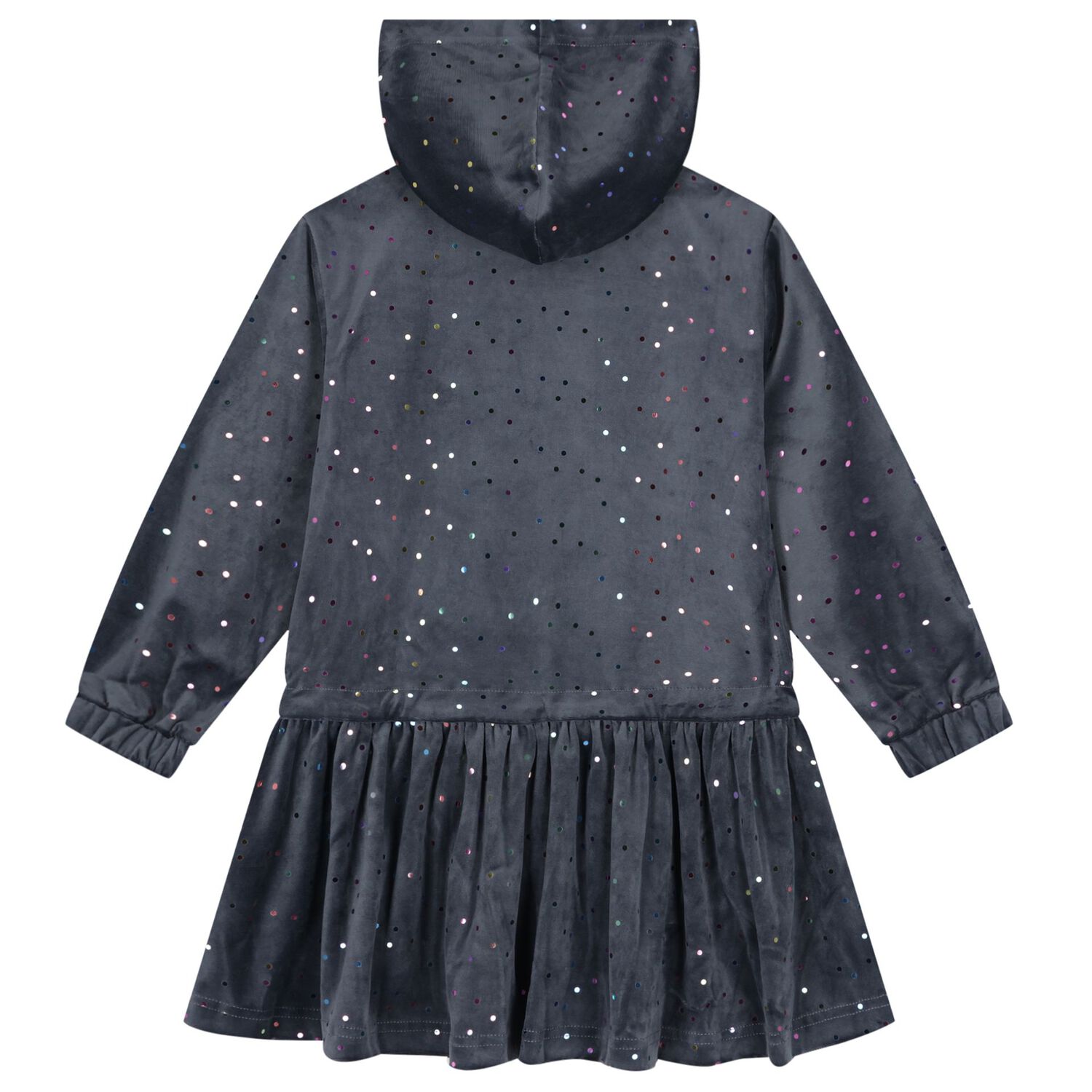 Girls Grey Dot Hooded Dress, 1, hi-res