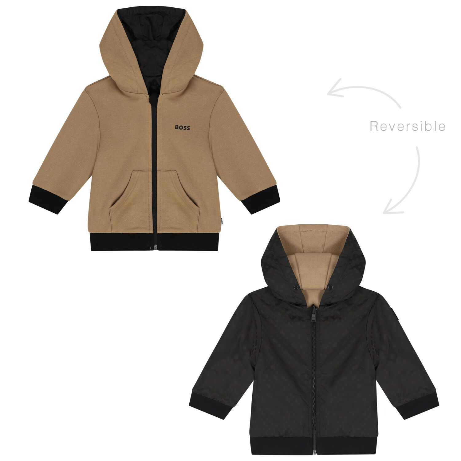 Younger Boys Black & Beige Reversible Zip Up Top, 1, hi-res