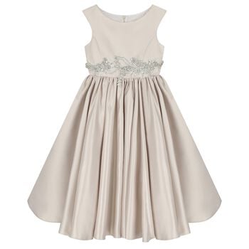 Girls Beige Crystal Waist & Satin Dress 