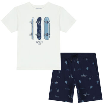 Boys White & Navy Skateboard Shorts Set