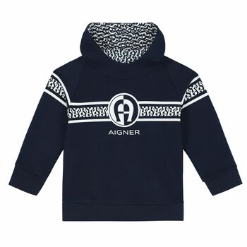 Younger Boys Navy Blue Logo Hooded Top