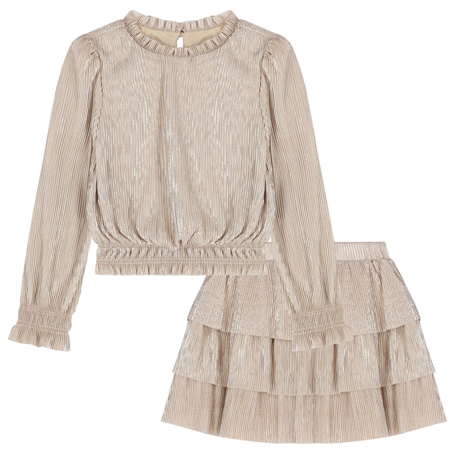 Girls Gold Plissé Skirt Set, 1, hi-res