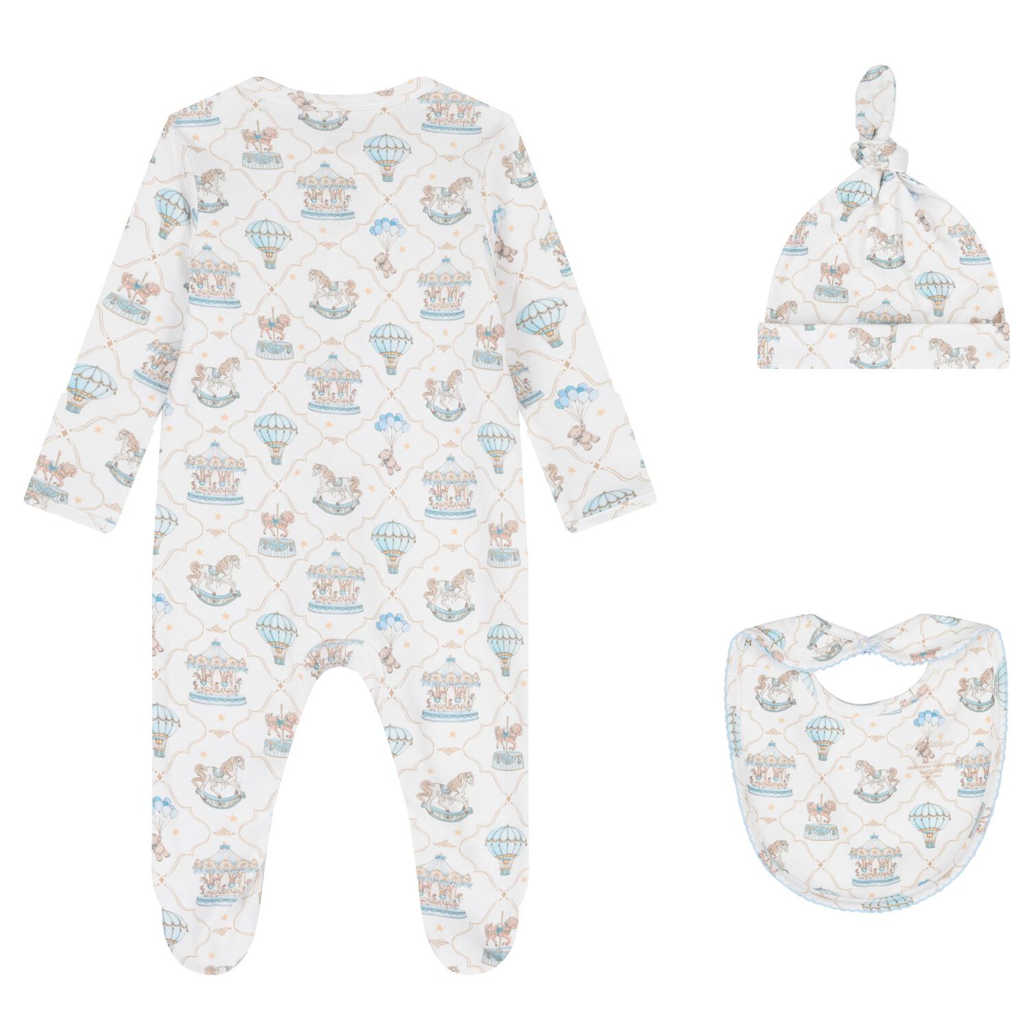 Baby Boys Blue & White Carousel & Hot Air Balloon Babygrow Set, 1, hi-res