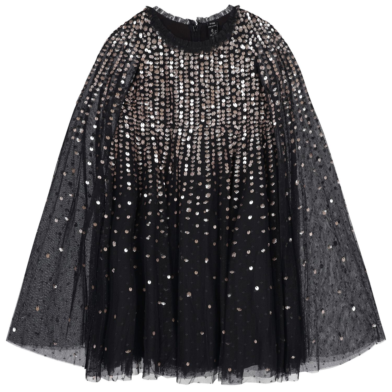 Girls Black Sequinned Tulle Cape Dress, 2, hi-res image number null