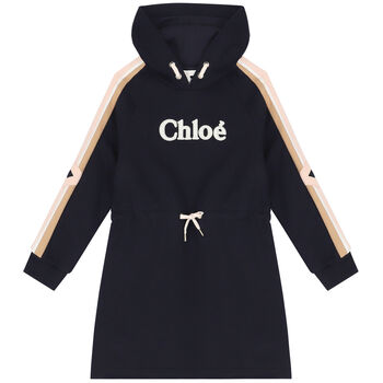 Girls Navy Blue Logo Hooded Dress