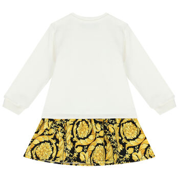 Younger Girls Ivory, Black & Yellow Barocco Logo Dress