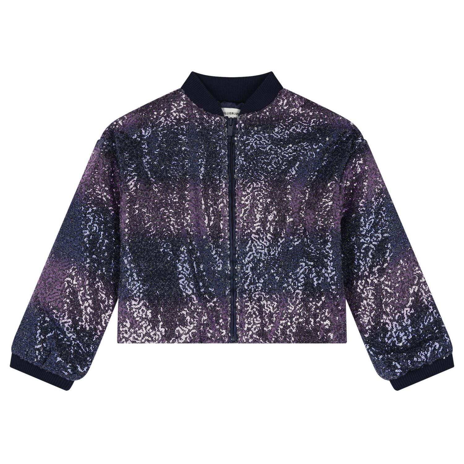Girls Navy Blue Sequin Zip Up Top, 1, hi-res