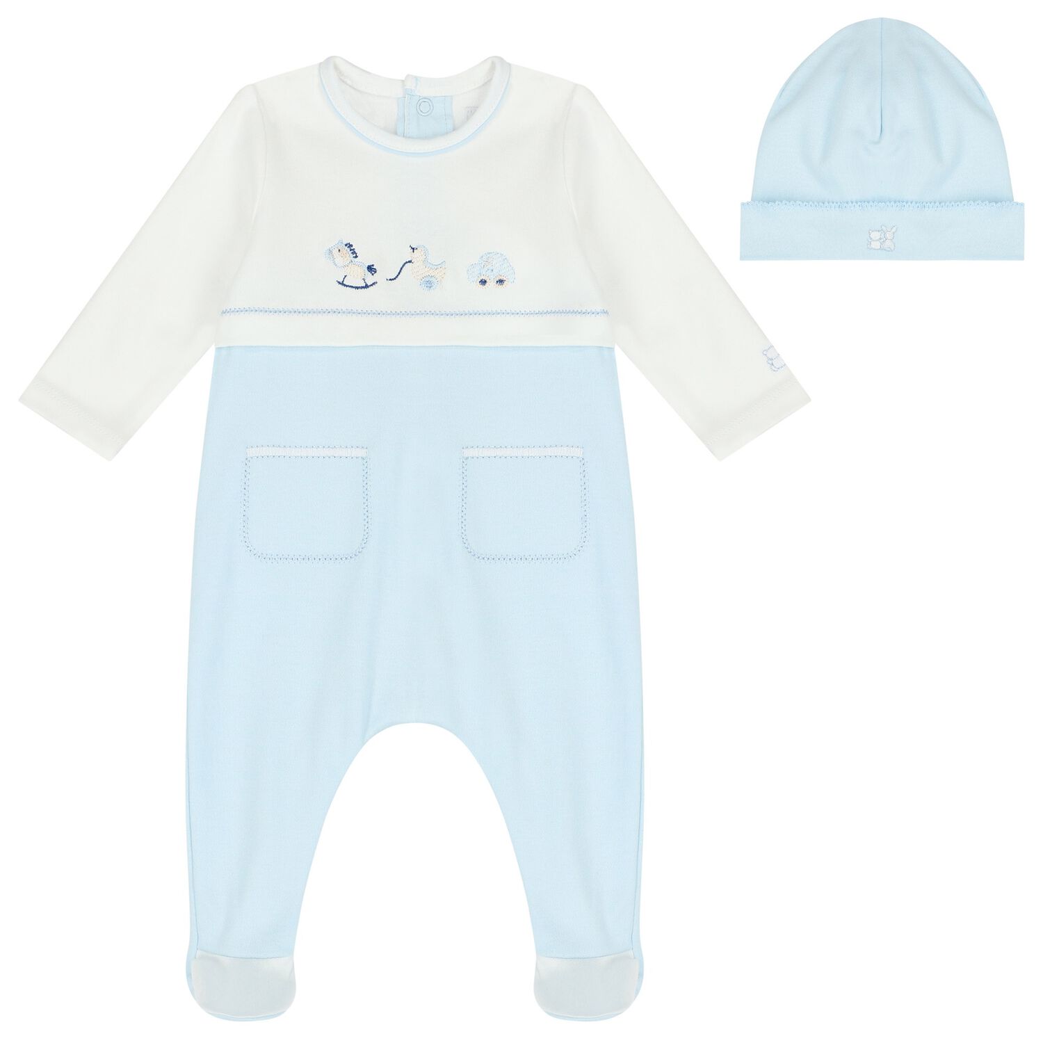 Baby Boys White & Blue Embroidered Babygrow Set, 1, hi-res image number null