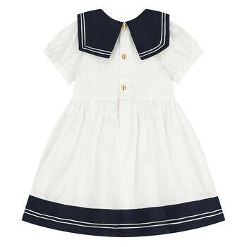 Younger Girls White & Navy Blue Logo Dress