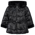 Girls Black Hooded Puffer Coat, 2, hi-res