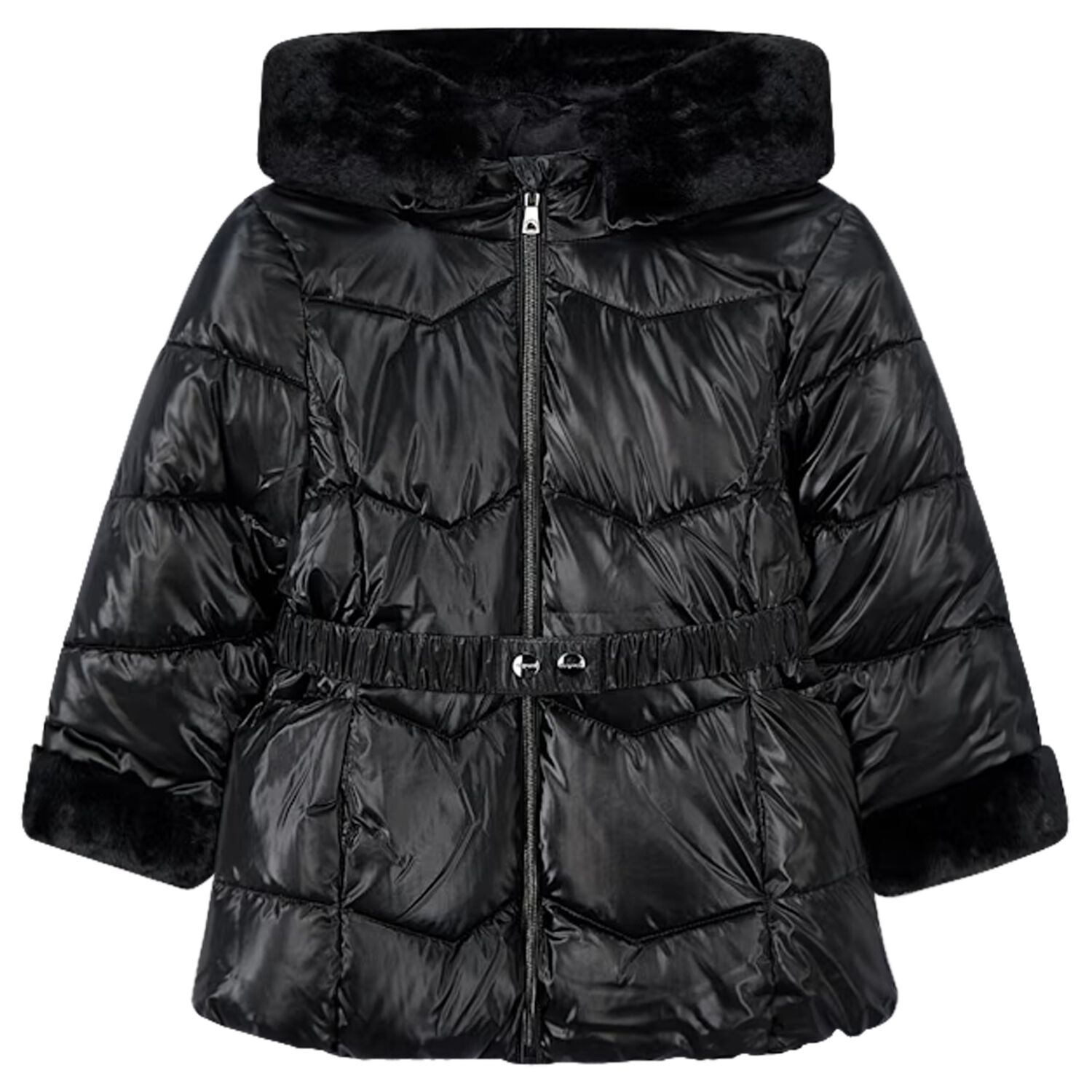 Girls Black Hooded Puffer Coat, 2, hi-res