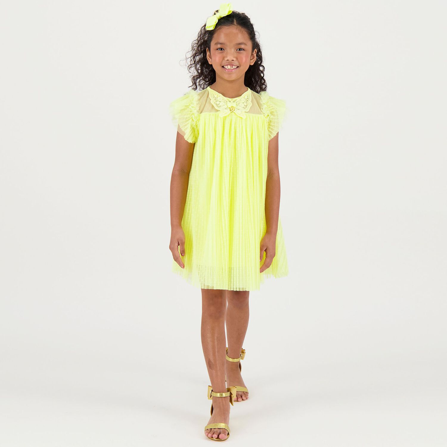 Girls Yellow Pleated Tulle Dress, 2, hi-res