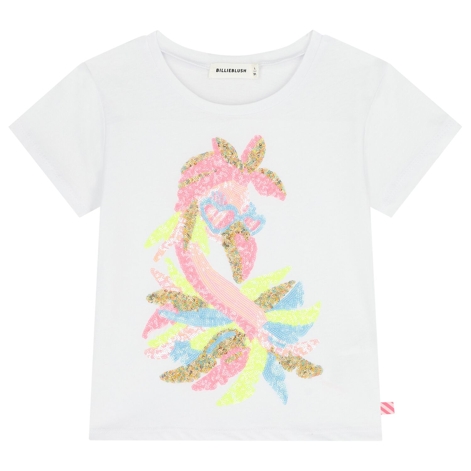 Girls White Sequin Flamingo T-Shirt , 1, hi-res
