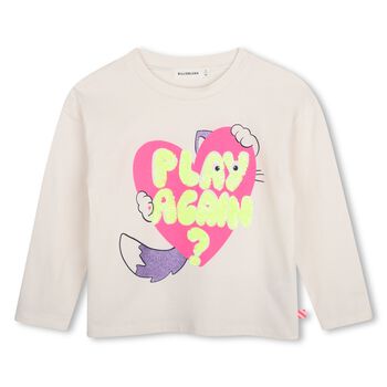 Girls Ivory Sequin Cat Heart Long Sleeve Top