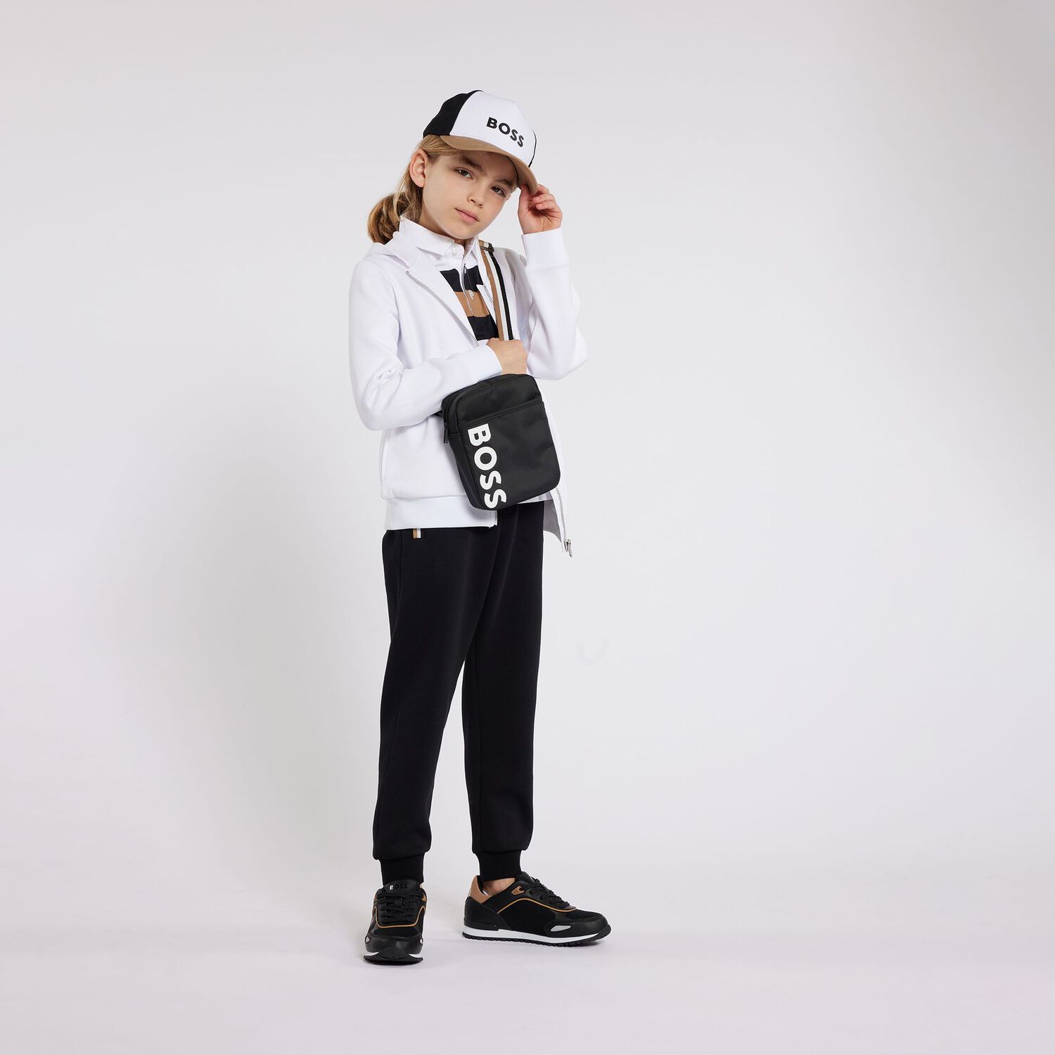 Boys White,Black & Beige Logo Cap, 1, hi-res