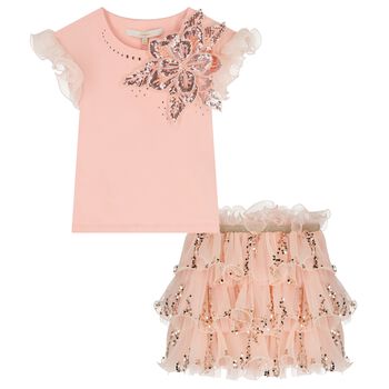 Girls Pink Embellished Sequin Skirt Set