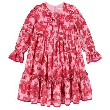 Girls Pink & Red Floral Chiffon Dress