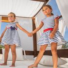 Younger Girls White & Navy Blue Striped Dress, 1, hi-res