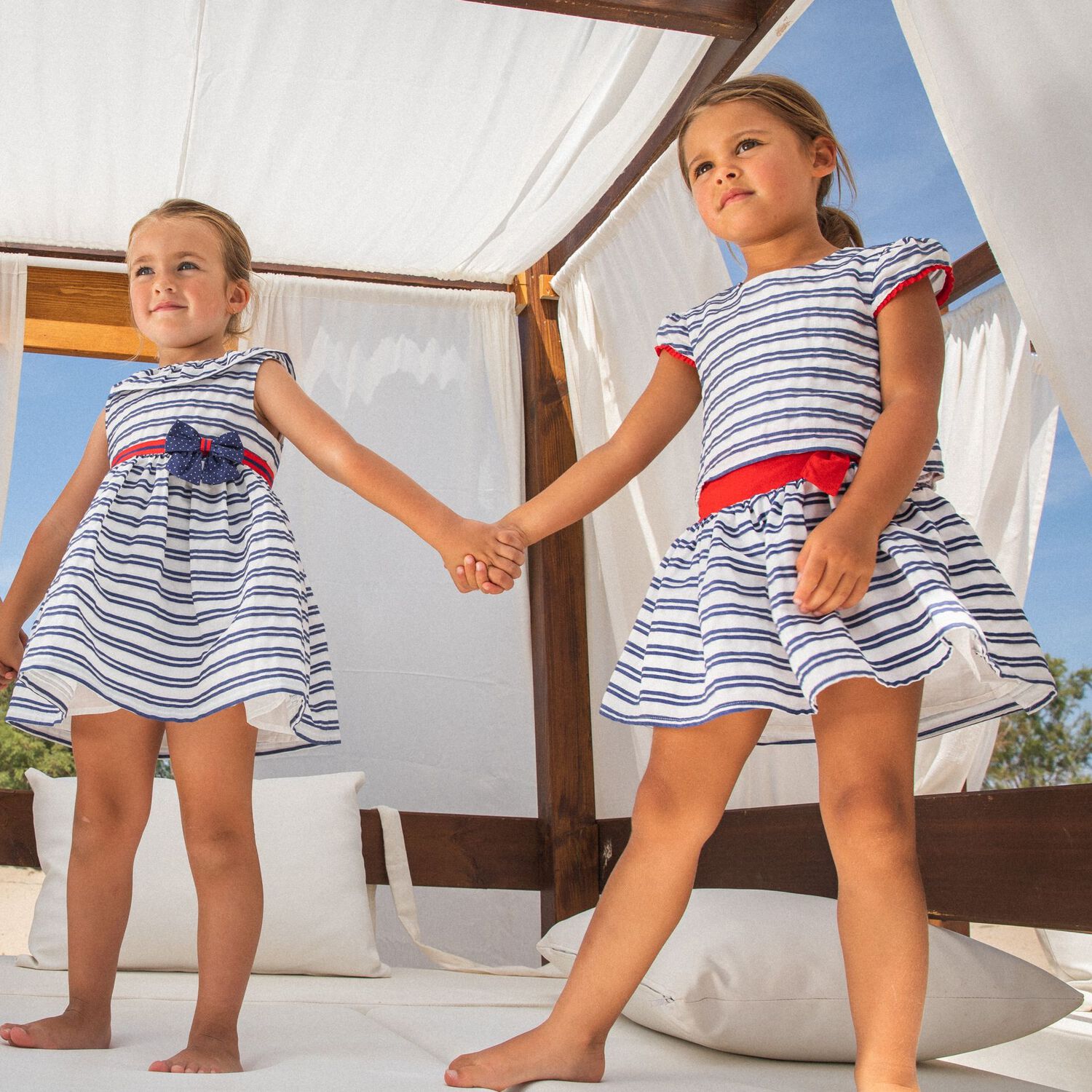 Younger Girls White & Navy Blue Striped Dress, 1, hi-res image number null