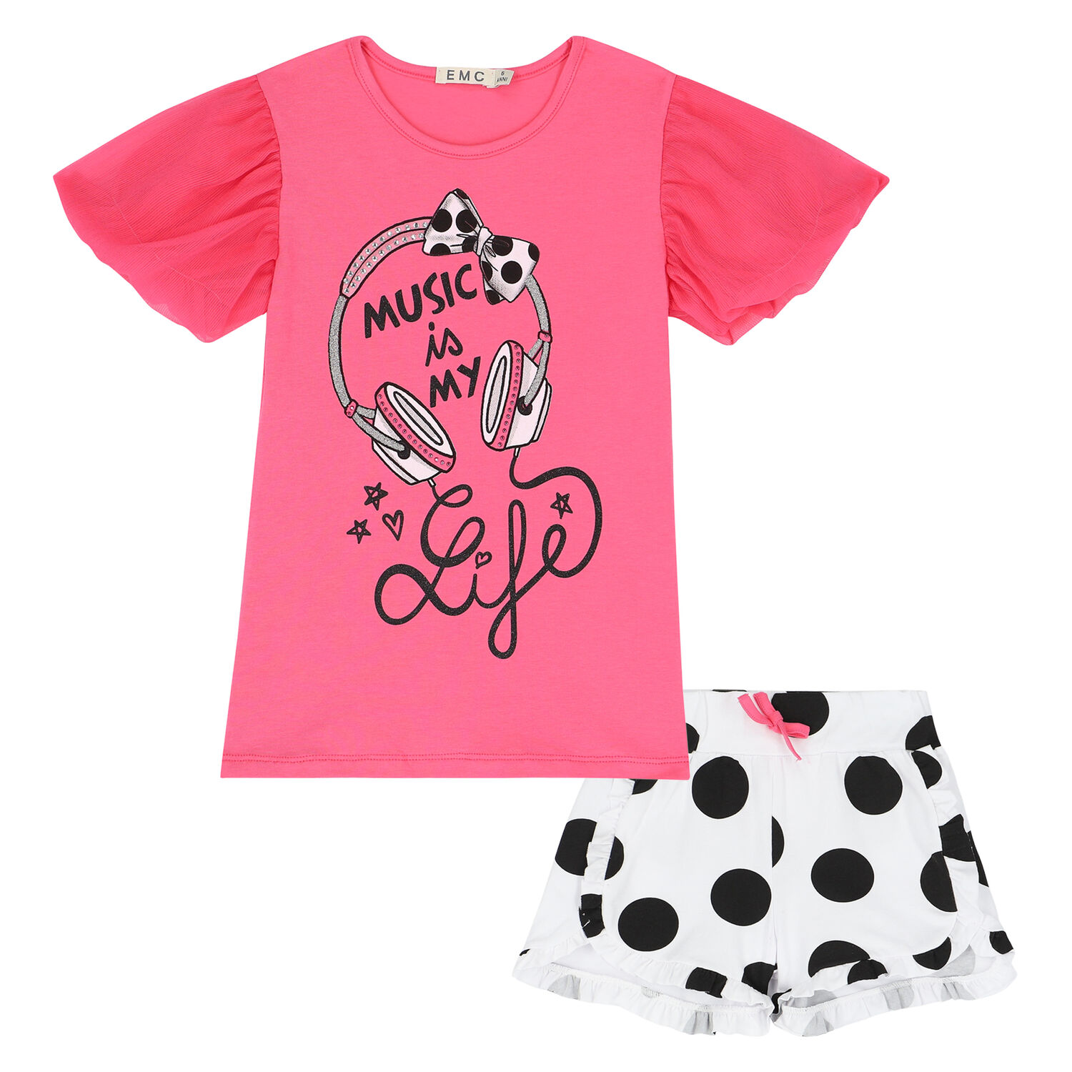 Girls Pink & White Headphone Shorts Set, 1, hi-res image number null
