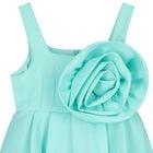 Girls Aqua Satin Floral Applique Dress, 1, hi-res