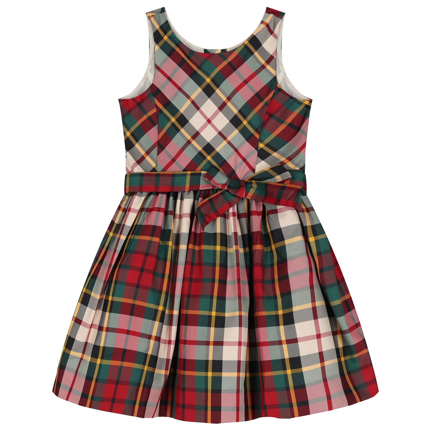 Girls Red & Green Tartan Satin Dress, 1, hi-res